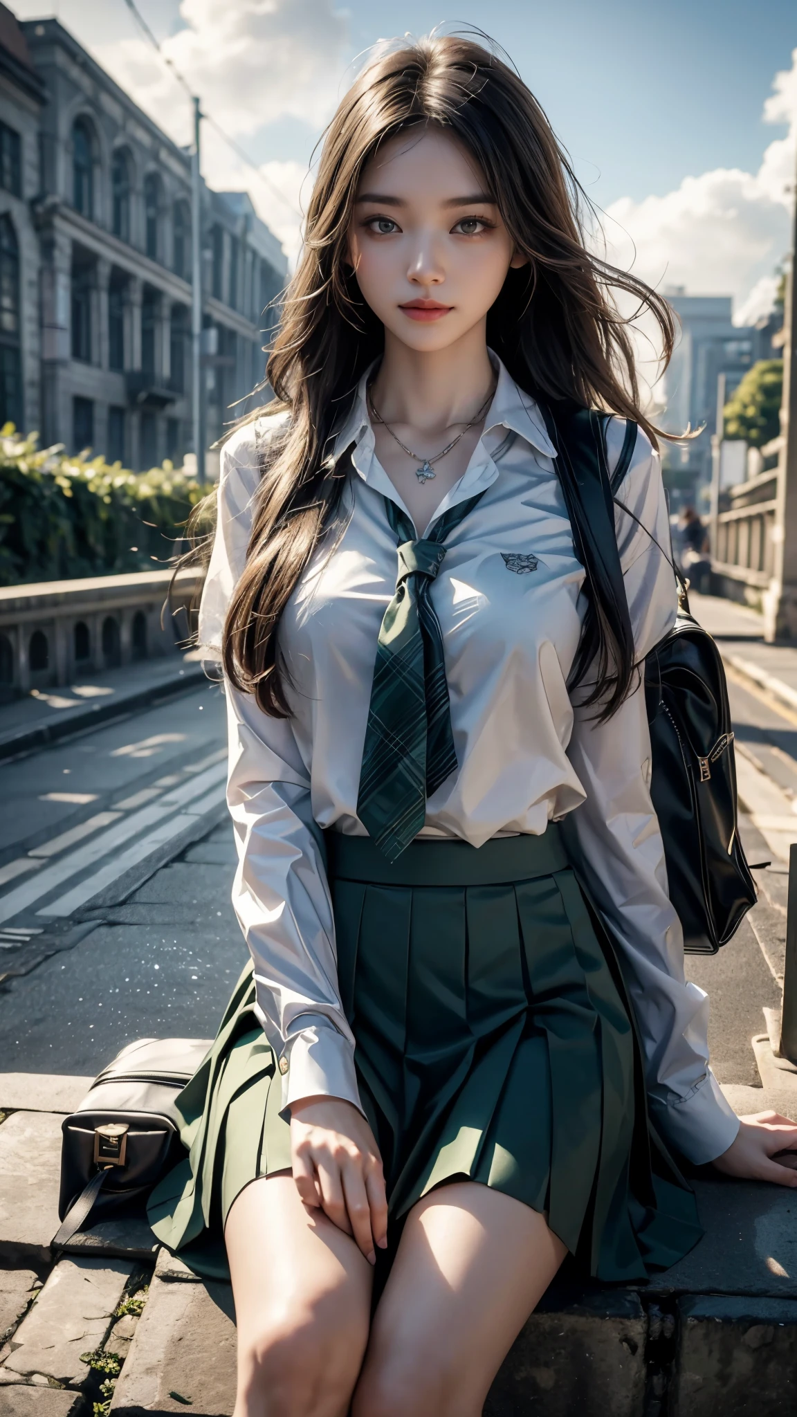 8K, UHD, masterpiece, 1 girl, good face, happy face, detailed eyes, very long hair, necklace, (school uniform), (green skirt), tie, school bag, in the bridge, cloudy weather, realism, depth of field, 3d, unreal engine 5, ray tracing, flowing wind, sitting,