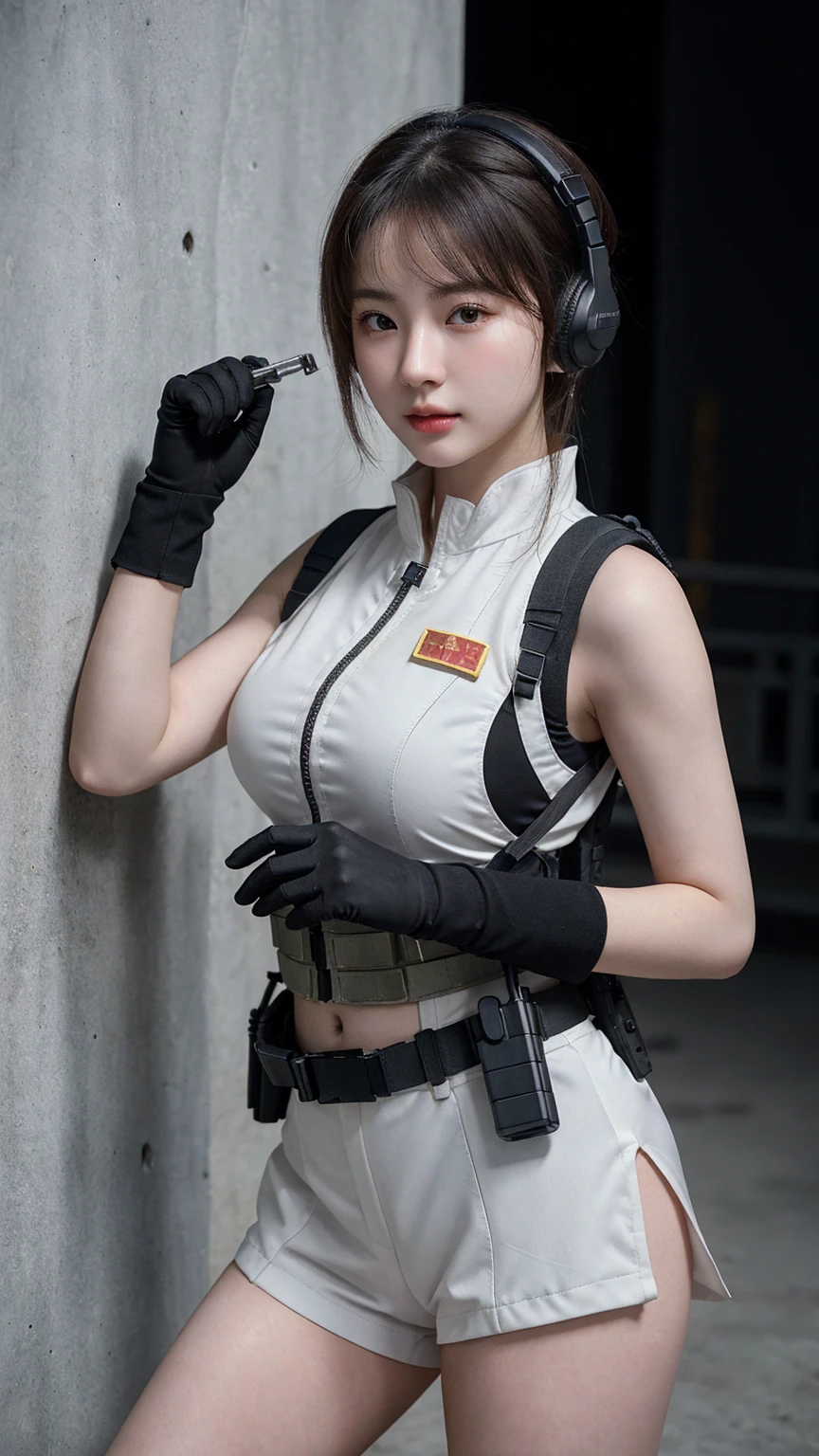 ((best quality)), photorealistic, photorealism, Photorealistic, high resolution, 1girl aiming with an assault rifle, Beautiful, , 20 Years Old, Whitkin, pale skin, Large Breasts, Combat pose, looking at the camera, (Detailed face), short hair, sexy body, (wearing chinese clothes, chinese outfit, traditional chinese clothes, tactical vests, military harness, black gloves, high-tech headset), revealed thigh, Gun, Fingers are occluded, concrete wall background,