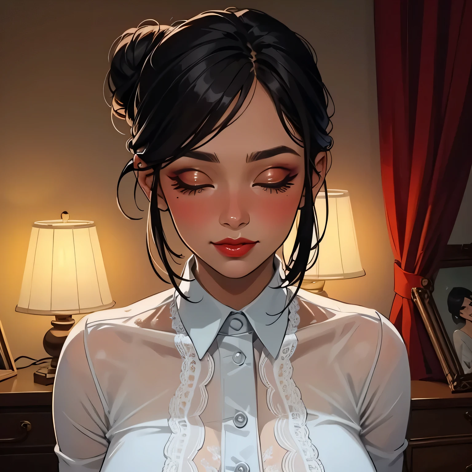 Amazing portrait of a sexy woman with a beautiful face emphasised by some amazing makeup with her black hair in a neat bun gazing at us seductively and smiling with her glossy red lips parted seductively wearing a sheer white shirt that reveals the red lacy lingerie that she's wearing underneath the shirt in a dimly lit room with one lamp giving off warm lighting