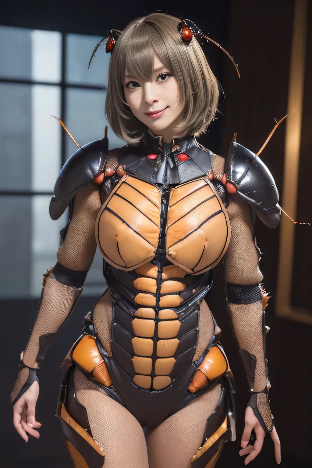 (high resolution,masterpiece,best quality,extremely detailed CG, anime, official art:1.4), realistic, photo, amazing fine details, all intricate, gloss and shiny,awesome many layers, 8k wall paper, 3d, sketch, kawaii, illustration,( solo:1.4), perfect female proportion,villainess, (fusion of dark brown cockroach and lady:1.4), (brown cockroach form lady:1.2), (brown cockroach lady:1.2), (fusion:1.2), (solo:1.4), (evil smile:1.2), muscular, abs, (cockroach brown exoskeleton bio insect suit:1.4), (cockroach brown exoskeleton bio insect armor:1.2), (brown transparency cockroach wing:1.4), (brown cockroach antennae:1.3),