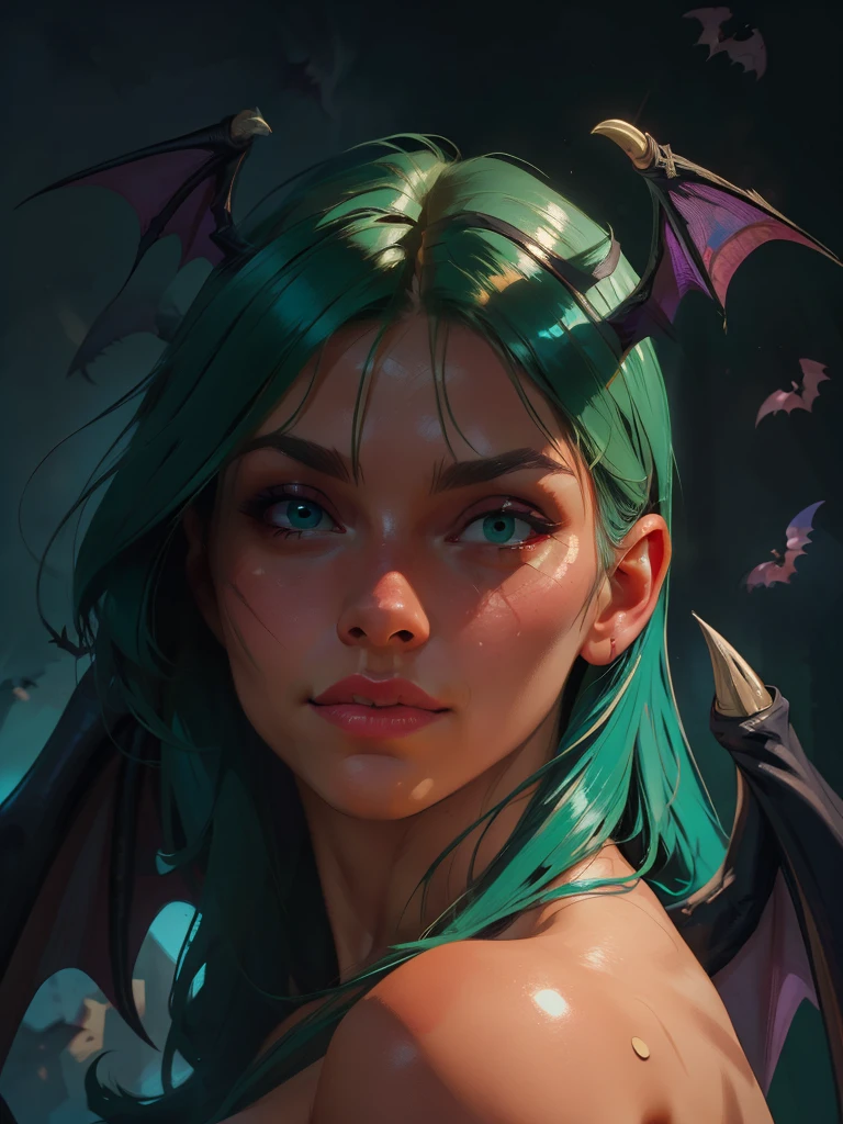 Realistic oil paint portrait of Morrigan Aensland, hot Body, Dynamic sensual pose, soft smile, long green hair, (((Bat wings))) , detailed skin Textures, intricate, detailed face, hyperrealistic, realistic light and shadows , ((cinematic lighting)) . Abstract paint background. Poetic, dramatic. 