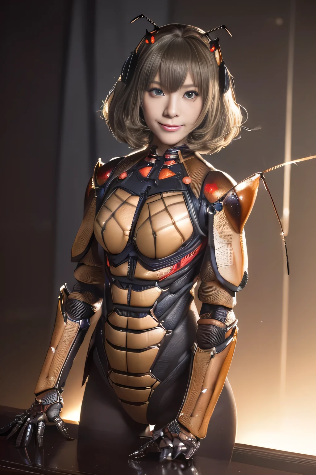 (high resolution,masterpiece,best quality,extremely detailed CG, anime, official art:1.4), realistic, photo, amazing fine details, all intricate, gloss and shiny,awesome many layers, 8k wall paper, 3d, sketch, kawaii, illustration,( solo:1.4), perfect female proportion,villainess, (fusion of dark brown cockroach and lady:1.4), (brown cockroach form lady:1.2), (brown cockroach lady:1.2), (fusion:1.2), (solo:1.4), (evil smile:1.2), muscular, abs, (cockroach brown exoskeleton bio insect suit:1.4), (cockroach brown exoskeleton bio insect armor:1.2), (brown transparency cockroach wing:1.4), (brown cockroach antennae:1.3),