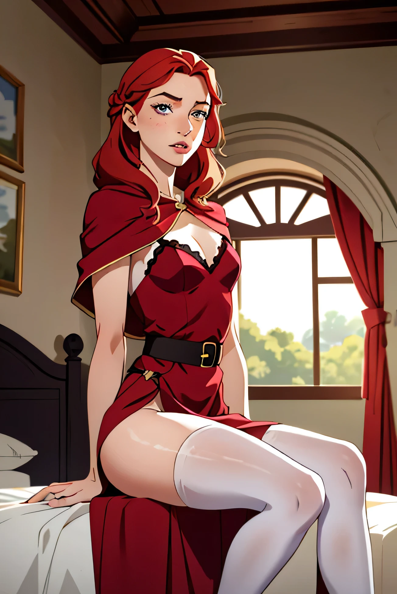 Gorgeous eyes, beautiful face, pale skin, freckles, red hair,,freckles, french braid, negligee, in bed, sitting, hand between legs, medium breasts, slim waist, medium hips, pantyhose, capelet, looking at viewer, arched back.