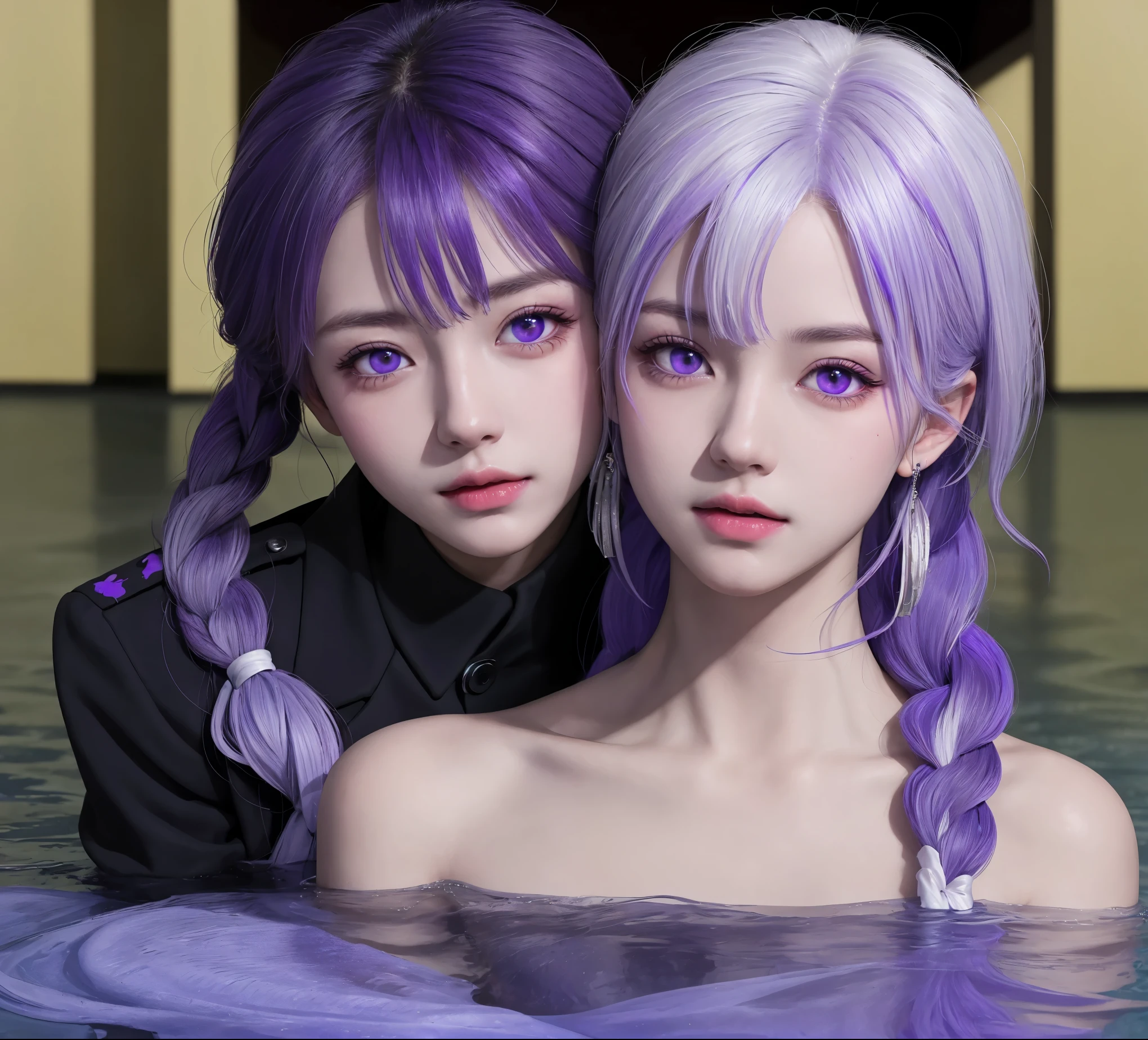 (masterpiece), (high quality), (8k resolution), (RAW photos), (best quality), (masterpiece:1.5), (Practical:1.5), ((photo Practical)), Vivid details, hyper Practical,1 Girl,1 Boy, (Lovely:1.2), beautiful, high quality、Delicate face, Perfect face, (purple hair and white hair:1.4), Red face,Two braids, delicate eyes, (Purple Eyes),Colored eyes,(Big watery eyes),National Foundation,, slim body, looking at the audience, Shut up, Real human skin, shiny skin, ((Uniforms)), sit, floor,