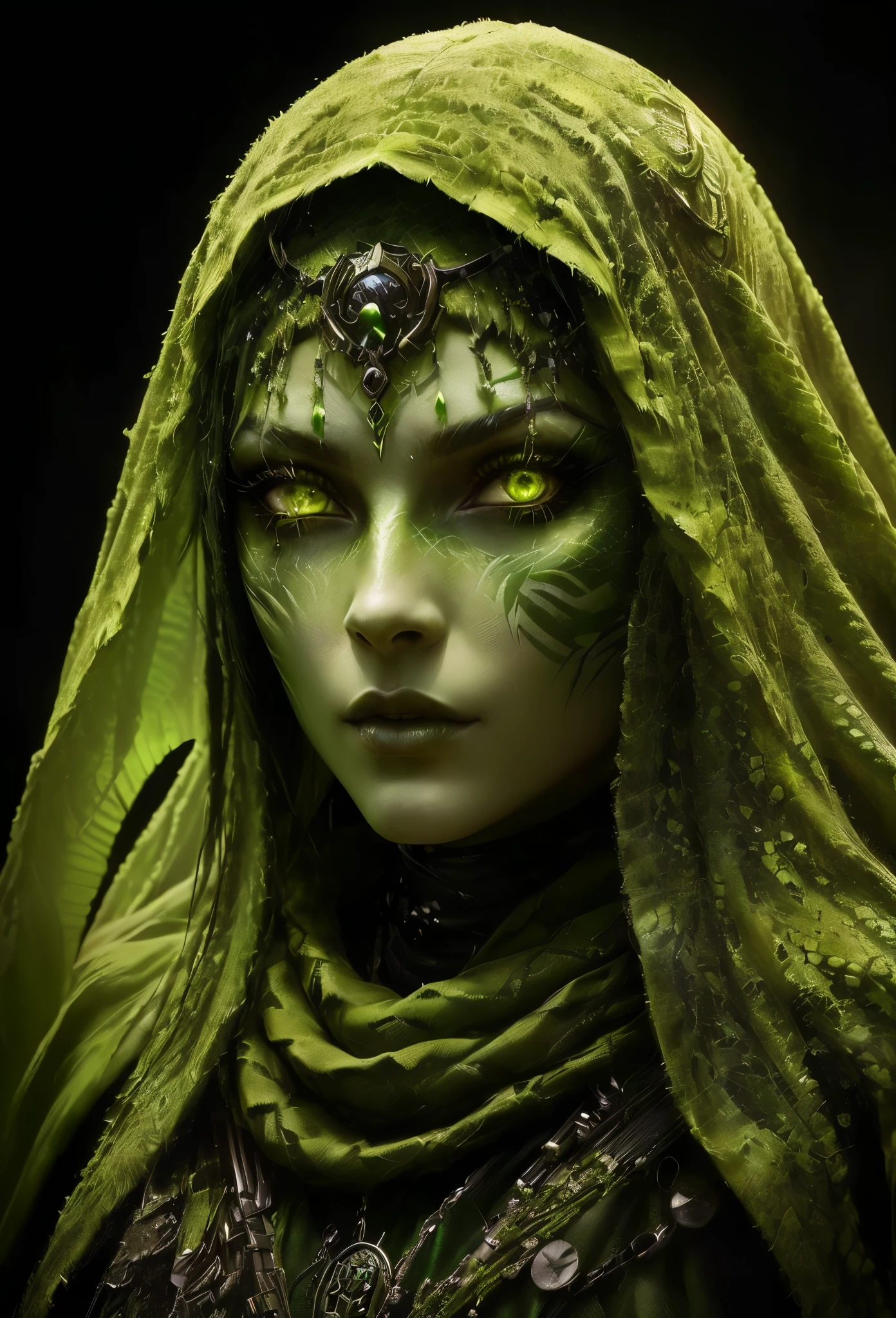 Close-up of a woman with a green head and green eyes, beautiful female druid, Female humanoid, Snake Woman Hybrid, Cyberpunk Angry Gorgeous Druid, Alien Woman, Hot reptilian humanoid woman, Portrait of a female druid, goth girl shaman, Beautiful Necromancer, Female aliens, Portrait of a Female Necromancer, Beautiful female gorgon