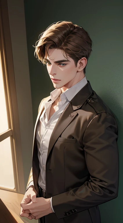 (best quality, masterpiece, 8K, photorealistic, cinematic lighting, 1:4 hdr image, top view, ultra detailed, beautiful image), a mature man, very handsome, short brown hair, green eyes, perfect face without errors , ((buttoning his jacket, CEO))