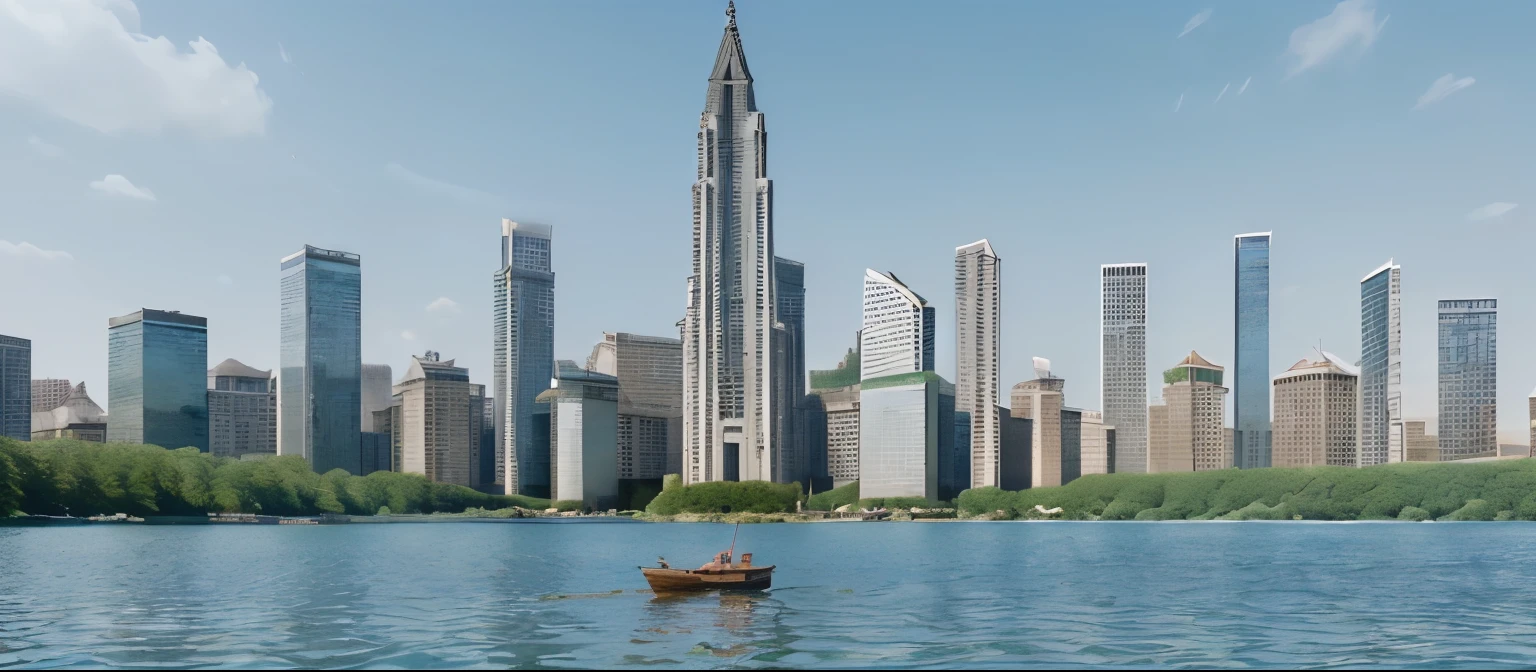 increase the sharpness of the original image to 8k, add a pagoda in the middle of the lake, (((add many tall buildings around the lake shore))), clear blue sky, there are planes in the sky, wide viewing angle, City from the future