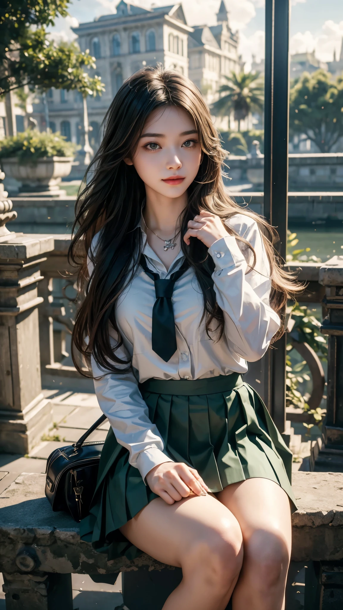 Top quality, RAW photos, super high resolution, 17-year-old Korean, very big round breasts, shiny black hair, matching bangs, school uniform, shirt, ribbon, green plaid skirt, simple hair ornament, beautiful eyes, very thin mouth, smile,, beautiful eyes in detail, slender eyes, Sanpaku eyes, dark cheek makeup, long eyelashes, beautiful double eyelids, eye shadow, beautiful thin legs, school, School watering hole, various poses like model