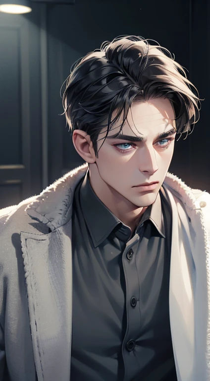 (best quality, masterpiece, 8K, photorealistic, cinematic lighting, 1:4 hdr image, ultra detailed, beautiful image), a mature man, 34 years very handsome, ((cold expression)), short black hair, blue eyes, face perfect without mistakes, ((buttoning his jacket, CEO))