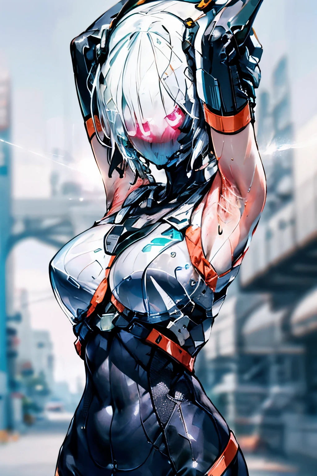 Hyper realistic portrait of slim teenage girl, wearing cyber helmet, wearing tank top, arms raised, showing her super sweaty armpits, high quality, best quality, 4k, ulra high resolution, white background, showing her vagina,