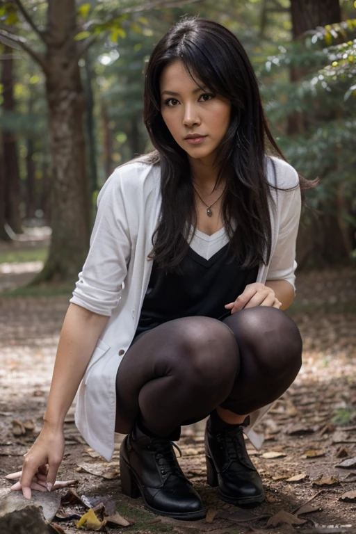 Tamlyn Tomita, Noshiko Yukimura,  Wolf, 40 years, cabello negro largo y desordenado, ojos negros, blusa de vestir blanca, flada negros oscuros larga , zapatos de vestir negros, colgante plateado, estampado de lobo blanco. Fondo de bosque con aura de niebla alrededor de color negro.