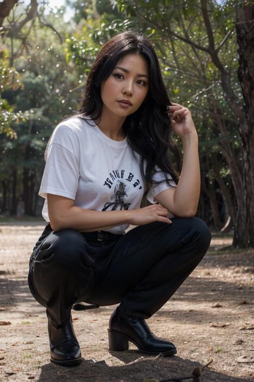 Tamlyn Tomita, Noshiko Yukimura, Wolf, 40 years, cabello negro largo y desordenado, ojos negros, blusa de vestir blanca, flada negros oscuros larga , zapatos de vestir negros, colgante plateado, estampado de lobo blanco. Fondo de bosque con aura de niebla alrededor de color negro.