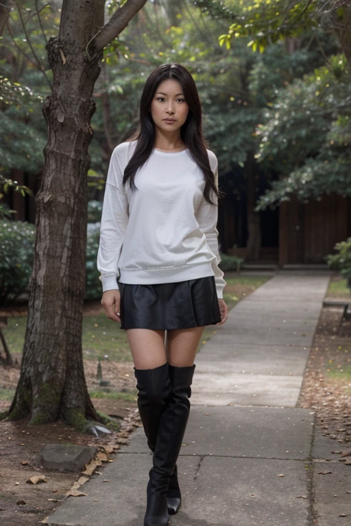 Tamlyn Tomita, Noshiko Yukimura, Wolf, 40 years, cabello negro largo y desordenado, ojos negros, blusa de vestir blanca, flada negros oscuros larga , zapatos de vestir negros, colgante plateado, estampado de lobo blanco. Fondo de bosque con aura de niebla alrededor de color negro.