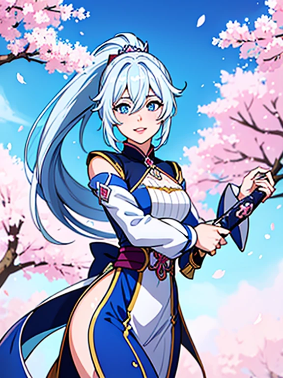 woman, light blue, slightly white hair, down to the waist, wearing Genshin Impact style clothes, carrying a gold sword, bright blue eyes, with a cheerful face, sky and cherry blossoms in the background, with long flowing hair and a little ponytail on the side, with lips sweet pink.