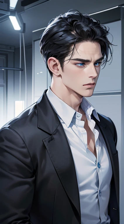 (best quality, masterpiece, 8K, photorealistic, cinematic lighting, 1:4 hdr image, ultra detailed, beautiful image), a mature man, 34 years very handsome, ((cold expression)), short black hair, blue eyes, face perfect without mistakes, ((buttoning his jacket, CEO))