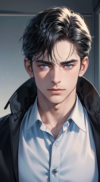 (best quality, masterpiece, 8K, photorealistic, cinematic lighting, 1:4 hdr image, ultra detailed, beautiful image), a mature man, 34 years very handsome, ((cold expression)), short black hair, blue eyes, face perfect without mistakes, ((buttoning his jacket, CEO))