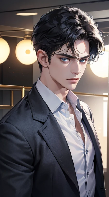 (best quality, masterpiece, 8K, photorealistic, cinematic lighting, 1:4 hdr image, ultra detailed, beautiful image), a mature man, 34 years very handsome, ((cold expression)), short black hair, blue eyes, face perfect without mistakes, ((buttoning his jacket, CEO))