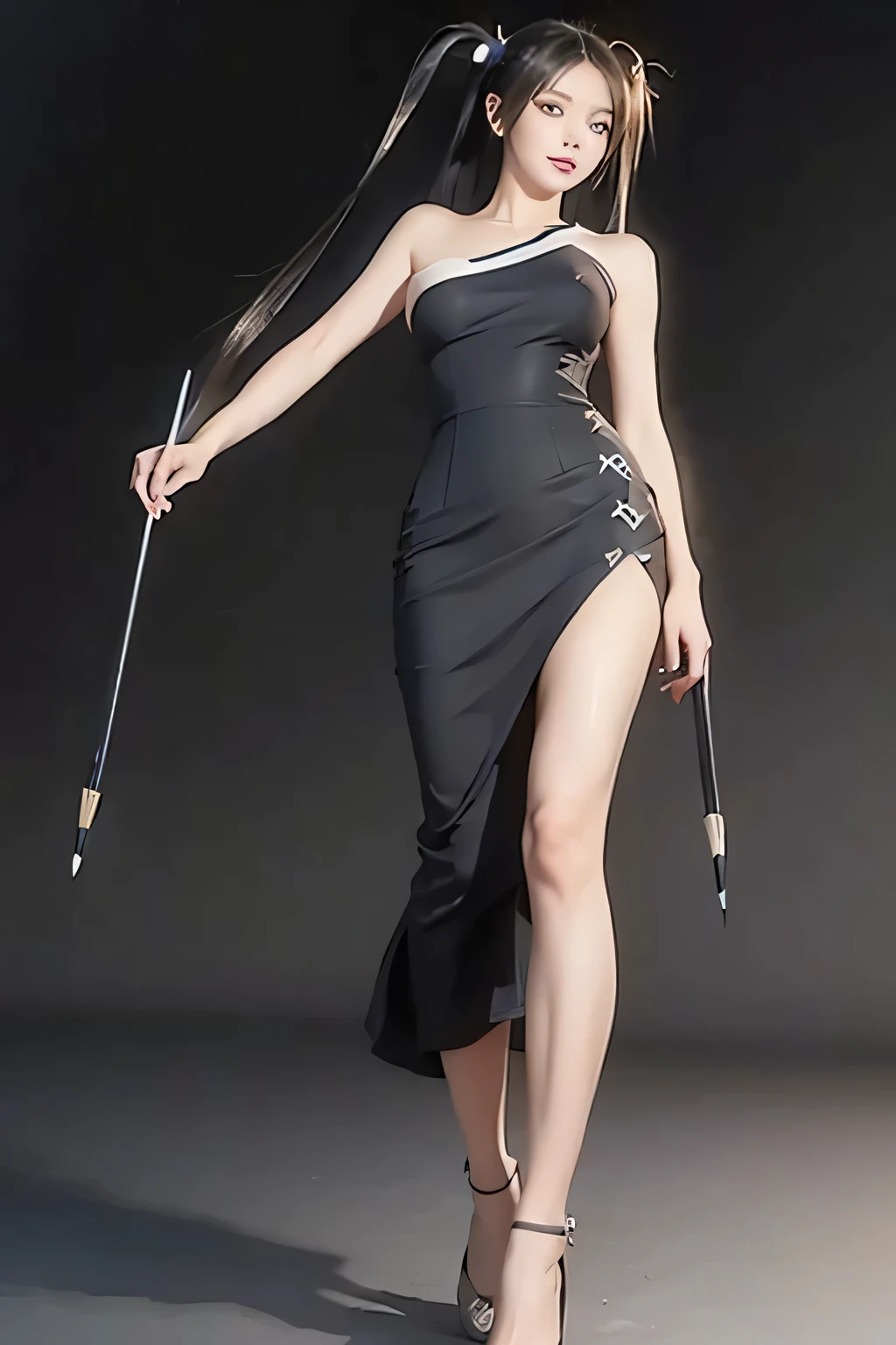 Beautifully saturated photos by Emily Soto, (Cute Japan idol woman), clavicle, (mature:1.3), highest quality, humid, Fascinating,skinny, (smile:1.2), no_panties, (Large Breasts:1.5), (masterpiece),(highest quality),(((Pussy:1.3))), ((photoRealistic)), One girl, (Black Hair:1.2), (high twintail::1.5), Big Ass, Gray background, lips, Realistic, A konigsreuter, (one Shoulder Pencil Dress:1.5), (from below:1.5)