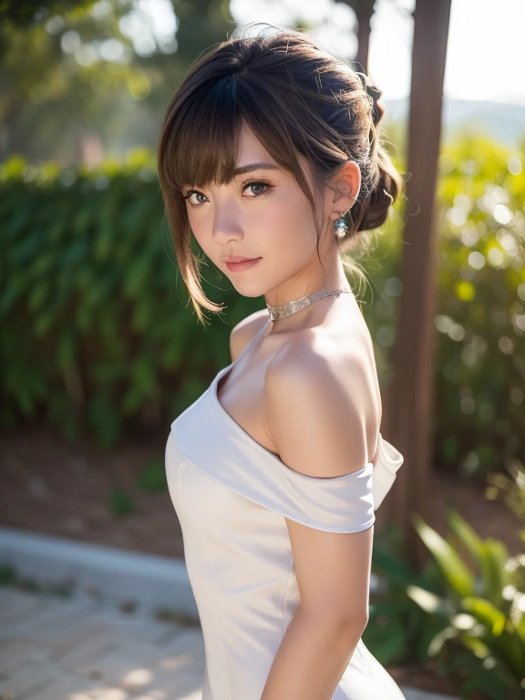 ((highest quality:1.2, 8k, Sharp focus, masterpiece: 1.2, Natural light, Extremely detailed CG, beautiful girl:1.2, reality, Detailed facial textures, Realistic Skin, Beautiful Makeup, Octane Rendering, growing up, fine bangs)), (Written boundary depth), Bokeh Background, smile, , Cowboy Shot,Brown double ponytail hair, ( Bodycon Dress Cut Shoulder ) Wind, From the side