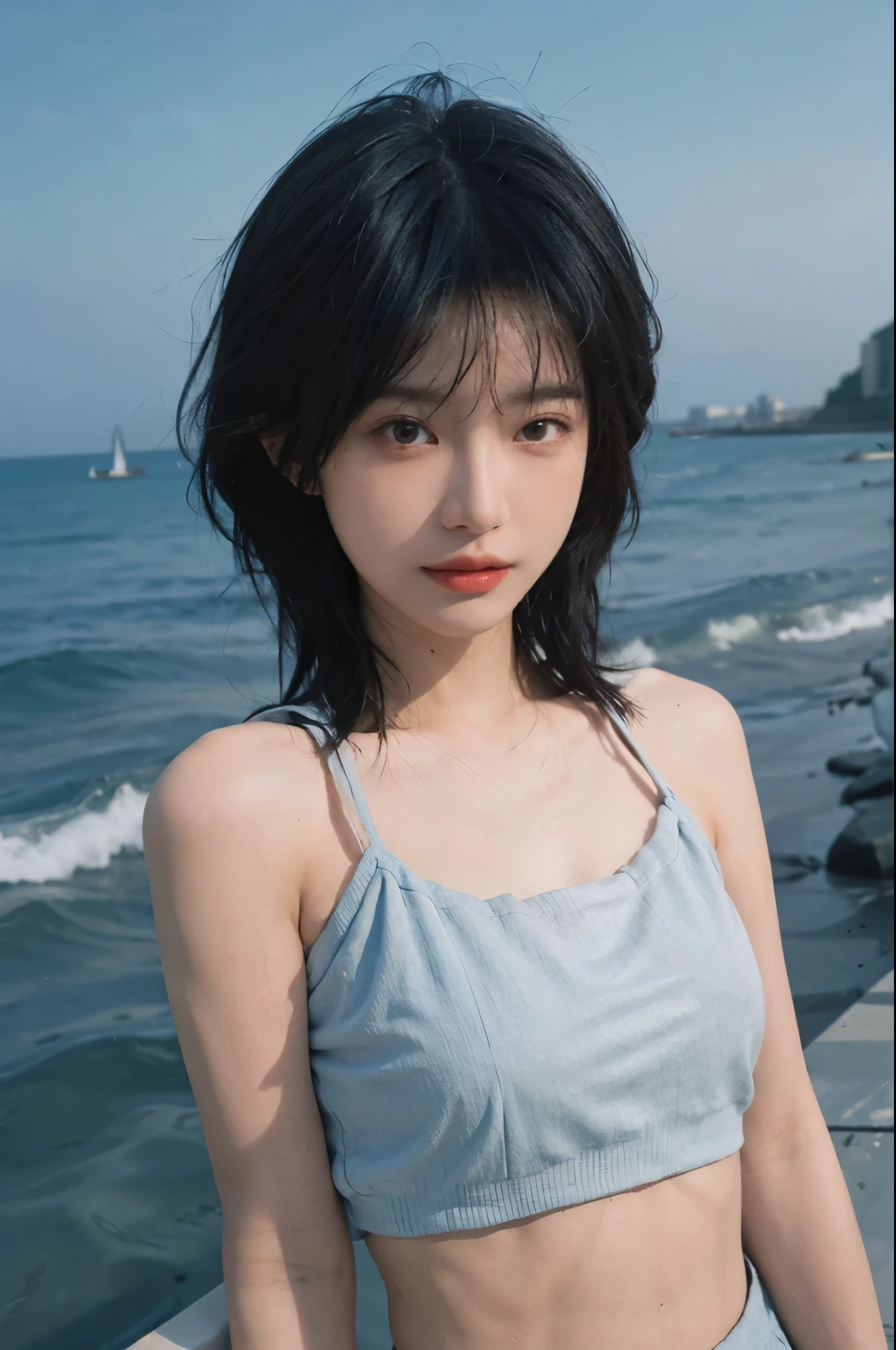 Best quality，Ultra-high resolution，（lifelike：1.4），Cute hairpin，2girll，Short blue hair，jk，Big breasts：１.４，Blush，Slim beauty：1.4，Visible abdominal muscles，on the beach，Ultra-fine face，Exquisite eyes，Double eyelids，