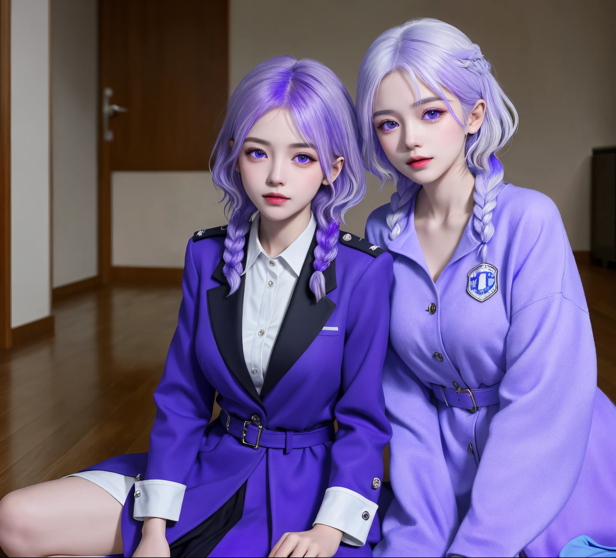 (masterpiece), (high quality), (8k resolution), (RAW photos), (best quality), (masterpiece:1.5), (Practical:1.5), ((photo Practical)), Vivid details, hyper Practical,2 Girls, (Lovely:1.2), beautiful, high quality、Delicate face, Perfect face, (purple hair and white hair:1.4), Red face,Two braids, delicate eyes, (Purple Eyes),Colored eyes,(Big watery eyes),National Foundation,, slim body, looking at the audience, Shut up, Real human skin, shiny skin, Mid-chest, ((Uniforms)), sit, floor,