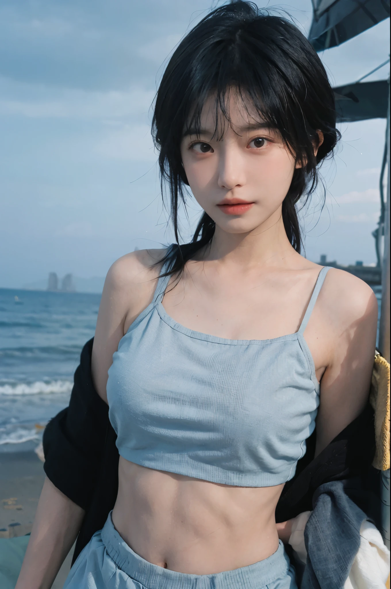Best quality,Ultra-high resolution,(lifelike:1.4),Cute hairpin,2girll,Short blue hair,jk,Blush,Slim beauty:1.4,Visible abdominal muscles,on the beach,Ultra-fine face,Exquisite eyes,Double eyelids,