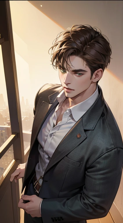 (best quality, masterpiece, 8K, photorealistic, cinematic lighting, 1:4 hdr image, top view, ultra detailed, beautiful image), a mature man, very handsome, short brown hair, green eyes, perfect face without errors , ((buttoning his jacket, CEO))