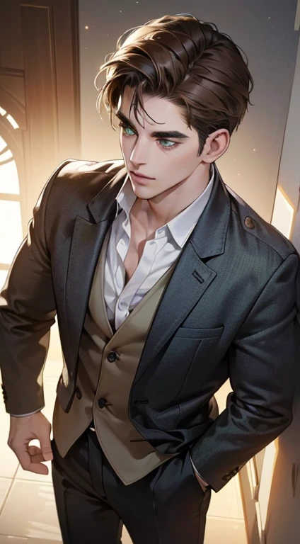 (best quality, masterpiece, 8K, photorealistic, cinematic lighting, 1:4 hdr image, top view, ultra detailed, beautiful image), a mature man, very handsome, short brown hair, green eyes, perfect face without errors , ((buttoning his jacket, CEO))