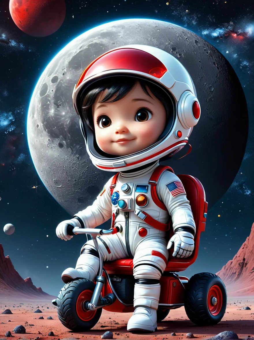 cinematic film still A visually striking chibi-style astronaut is depicted with remarkable detail, wearing a black tinted visor and a crisp white suit with red straps. This adorable hero is captured riding on a child's tricycle with big grippy tires, exploring the surface of the moon. The background showcases a delightful galaxy filled with stars and cosmic wonder. This conceptual art piece blends anime, photography, illustration, and typography to create a whimsical and imaginative portrayal of space exploration.