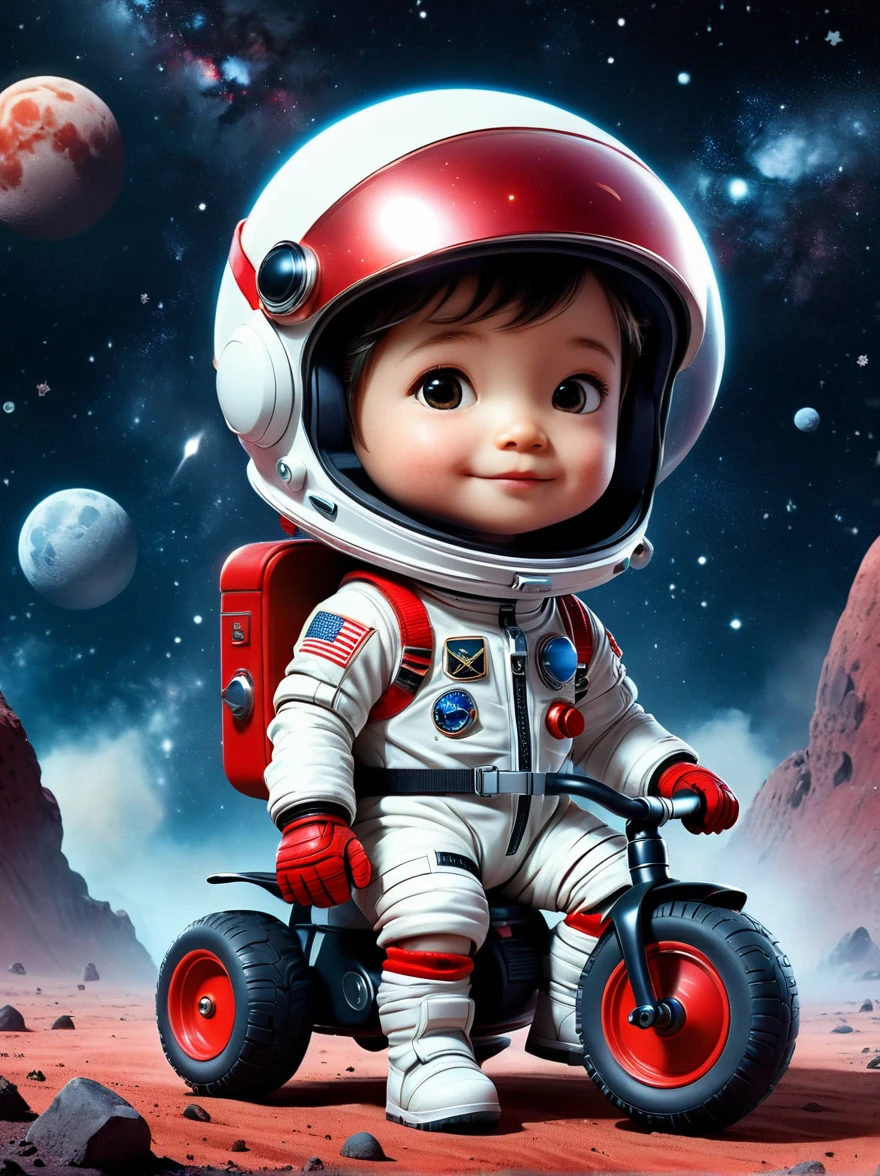 cinematic film still A visually striking chibi-style astronaut is depicted with remarkable detail, wearing a black tinted visor and a crisp white suit with red straps. This adorable hero is captured riding on a child's tricycle with big grippy tires, exploring the surface of the moon. The background showcases a delightful galaxy filled with stars and cosmic wonder. This conceptual art piece blends anime, photography, illustration, and typography to create a whimsical and imaginative portrayal of space exploration.