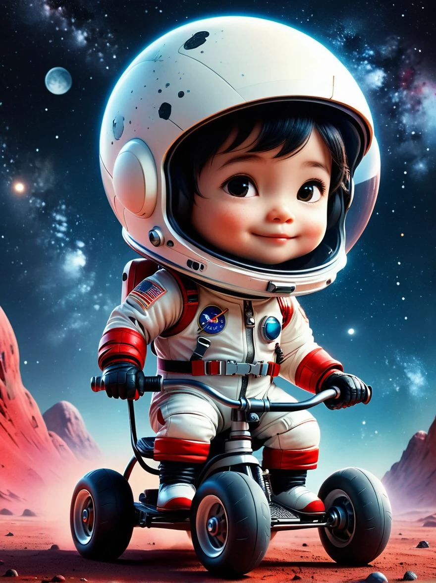 cinematic film still A visually striking chibi-style astronaut is depicted with remarkable detail, wearing a black tinted visor and a crisp white suit with red straps. This adorable hero is captured riding on a 's tricycle with big grippy tires, exploring the surface of the moon. The background showcases a delightful galaxy filled with stars and cosmic wonder. This conceptual art piece blends anime, photography, illustration, and typography to create a whimsical and imaginative portrayal of space exploration.