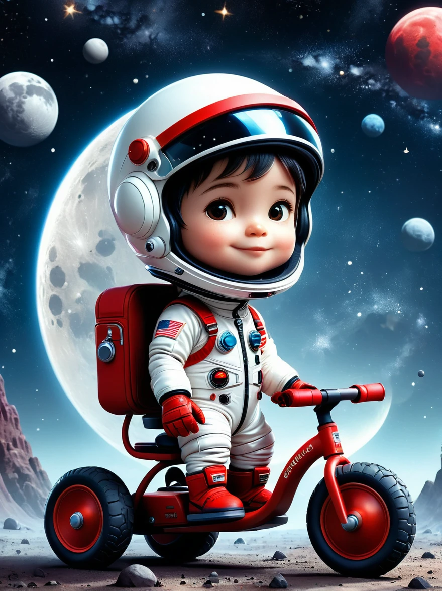 cinematic film still A visually striking chibi-style astronaut is depicted with remarkable detail, wearing a black tinted visor and a crisp white suit with red straps. This adorable hero is captured riding on a child's tricycle with big grippy tires, exploring the surface of the moon. The background showcases a delightful galaxy filled with stars and cosmic wonder. This conceptual art piece blends anime, photography, illustration, and typography to create a whimsical and imaginative portrayal of space exploration.