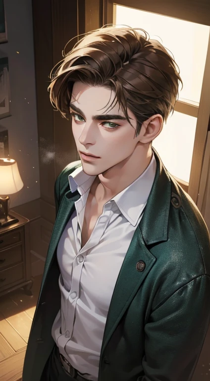 (best quality, masterpiece, 8K, photorealistic, cinematic lighting, 1:4 hdr image, top view, ultra detailed, beautiful image), a mature man, very handsome, short brown hair, green eyes, perfect face without errors , ((buttoning his jacket, CEO))