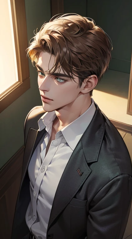 (best quality, masterpiece, 8K, photorealistic, cinematic lighting, 1:4 hdr image, top view, ultra detailed, beautiful image), a mature man, very handsome, short brown hair, green eyes, perfect face without errors , ((buttoning his jacket, CEO))
