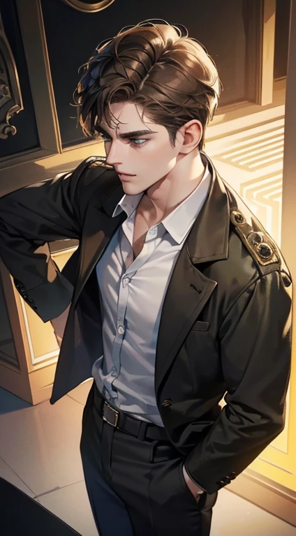 (best quality, masterpiece, 8K, photorealistic, cinematic lighting, 1:4 hdr image, top view, ultra detailed, beautiful image), a mature man, very handsome, short brown hair, green eyes, perfect face without errors , ((buttoning his jacket, CEO))