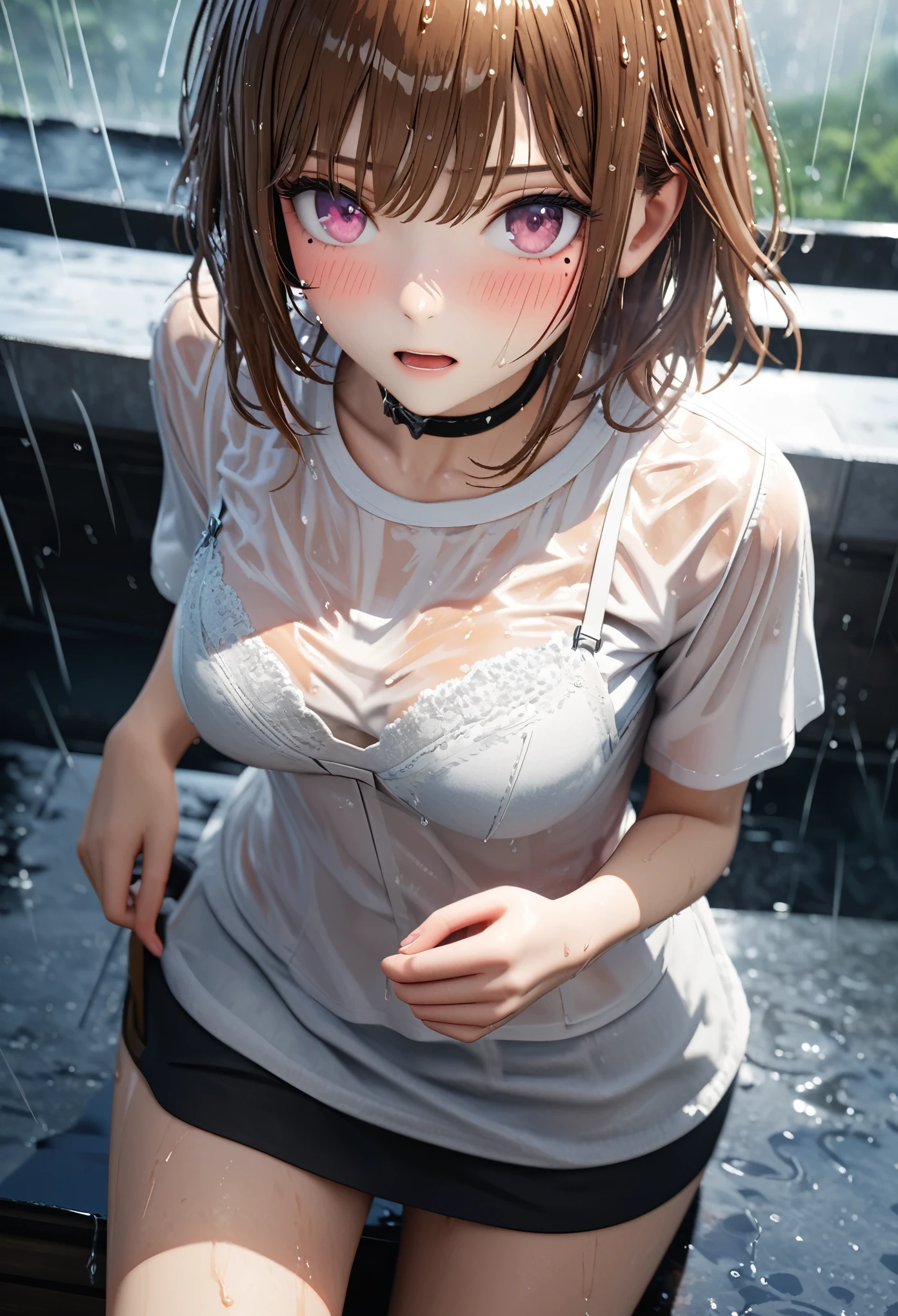 masterpiece, best quality, highly detailed, high resolution, expensive resolution, high resolution, 4K, 8k, Unity 8k wallpaper, highly detailed CG, masterpiece, 2D, 3D, beautiful details, depth, fine texture, best quality: 1.3, perfect focus, clear skin, him, rain, wet, wet clothes: 1.2
Very cute anime girl, (bra visible through white blouse wet with pouring rain, miniskirt), large breasts, expensive brown hair, one girl, rain, (raindrops dripping from wet hair, bra visible through thin blouse wet with rain, miniskirt), mole under eye, looking at viewer, expensive, blush, mole, open lips, heart, pink eyes, choker, white transparent bra