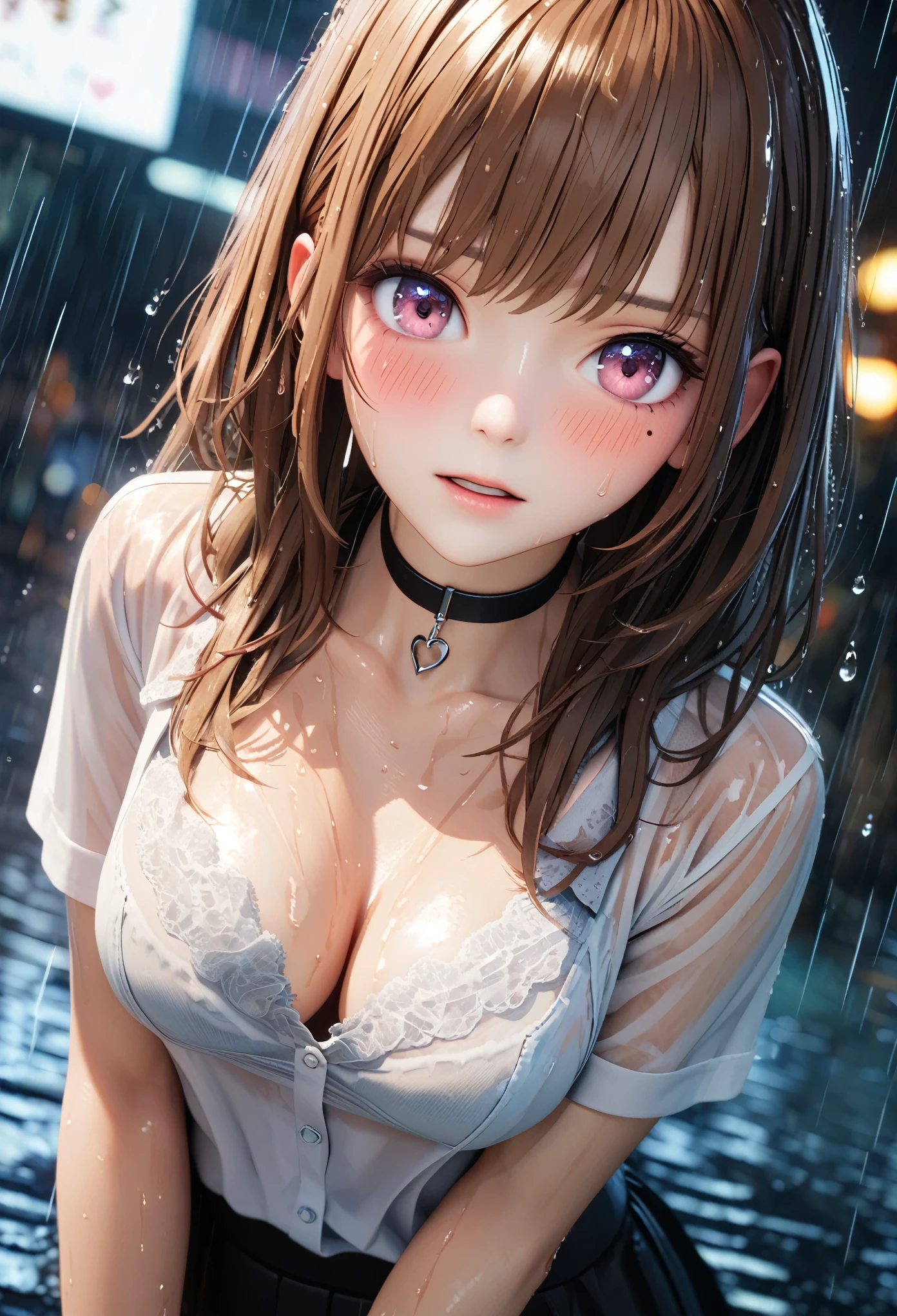 masterpiece, best quality, highly detailed, high resolution, expensive resolution, high resolution, 4K, 8k, Unity 8k wallpaper, highly detailed CG, masterpiece, 2D, 3D, beautiful details, depth, fine texture, best quality: 1.3, perfect focus, clear skin, him, rain, wet, wet clothes: 1.2
Very cute anime girl, (bra visible through white blouse wet with pouring rain, miniskirt), large breasts, expensive brown hair, one girl, rain, (raindrops dripping from wet hair, bra visible through thin blouse wet with rain, miniskirt), mole under eye, looking at viewer, expensive, blush, mole, open lips, heart, pink eyes, choker, white transparent bra