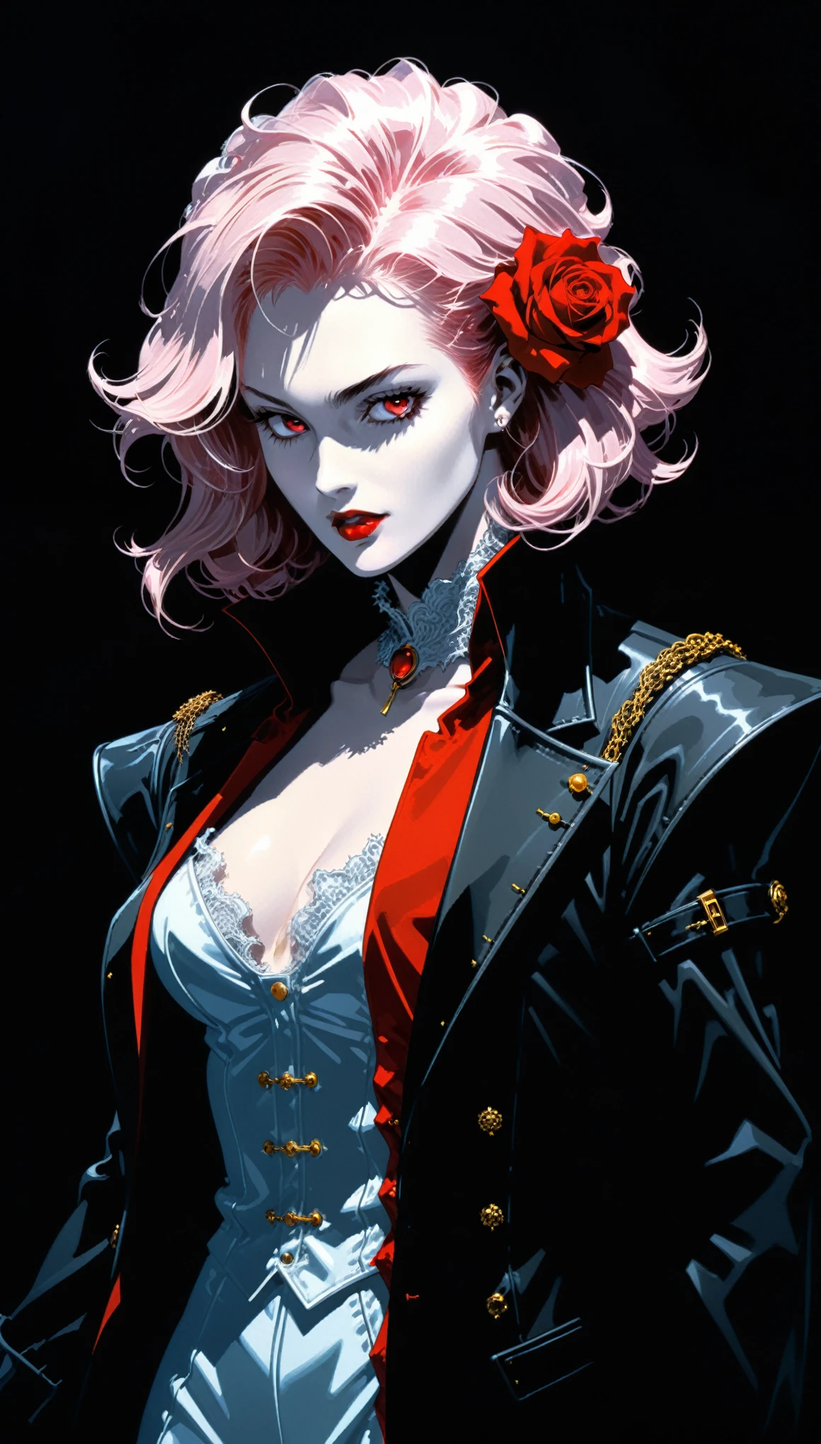 in style of Ashley Wood,in style of Nick Veasey,
(2d comic style:1.7),(1990s \(style\):1.7),(vampire hunter D style:1.4),charlotte, an aristocratic maiden closeup,bright colors,
BREAK
(Rose Quartz:1.3),(the red crescent moon background:1.4),sharp,sharp image,(insanely detailed and intricate, hypermaximalist, elegant, ornate, hyper realistic, super detailed:1.1),extremely detailed,Amazing resolution,8k,(Ray Tracing:1.3),masterpiece,(Particle Effects:1.3),(Beautiful Effects:1.3),
BREAK
(darkness:1.4),(extreme shadows:1.4),(Best Shadow:1.4),dark atmosphere,