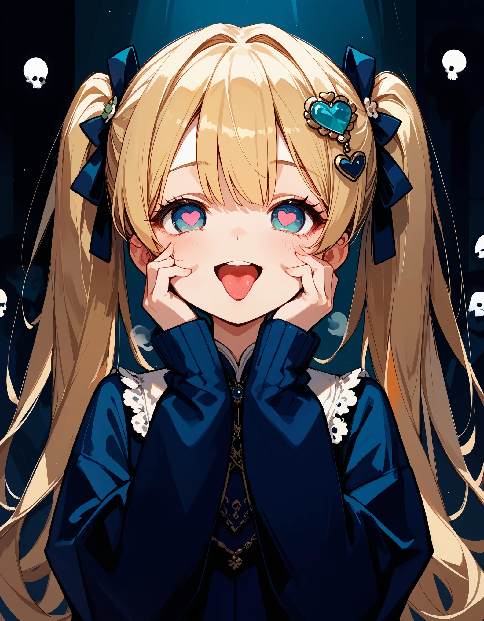 score_9,score_8_up,score_7_up,score_6_up, hadrian, source_anime,hands up on own cheek,heart-shaped pupils, open mouth, tongue out, gloomy lighting,backlighting,silhouette,hairpin,smile,breath,sleeves past wrists,long hair, twintails, blonde hair,