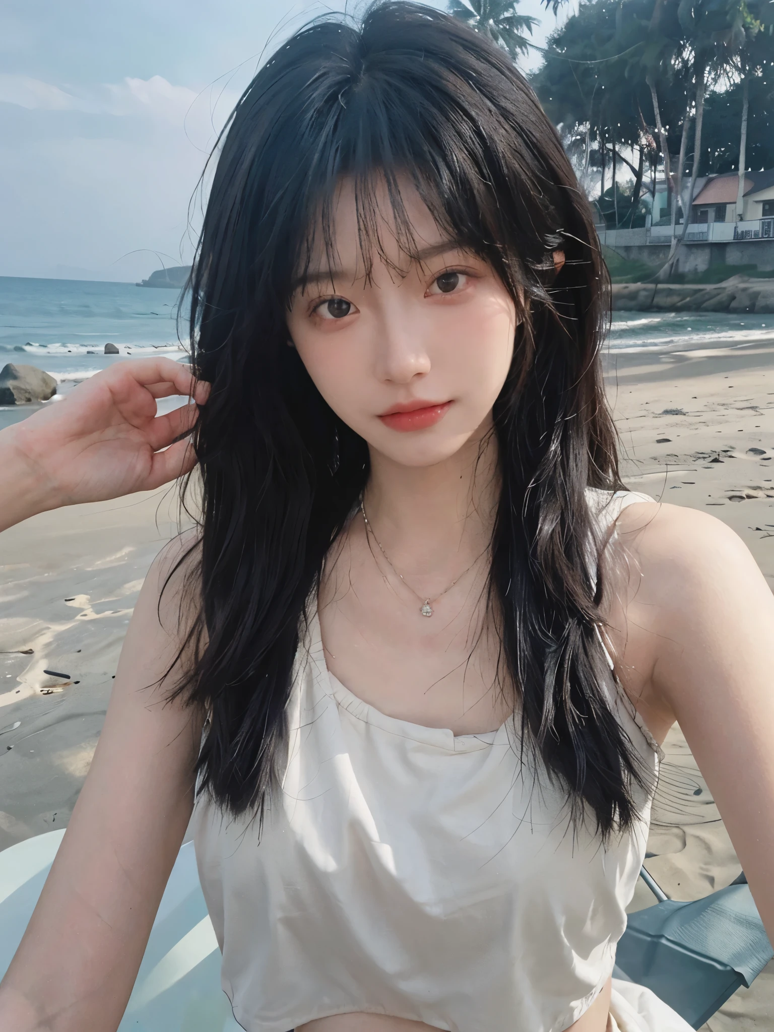 Best quality,Ultra-high resolution,(lifelike:1.4),Cute hairpin,1girll,Long curly hair,jk,Blush,Slim beauty:1.4,Visible abdominal muscles,on the beach,Ultra-fine face,Exquisite eyes,Double eyelids,necklace