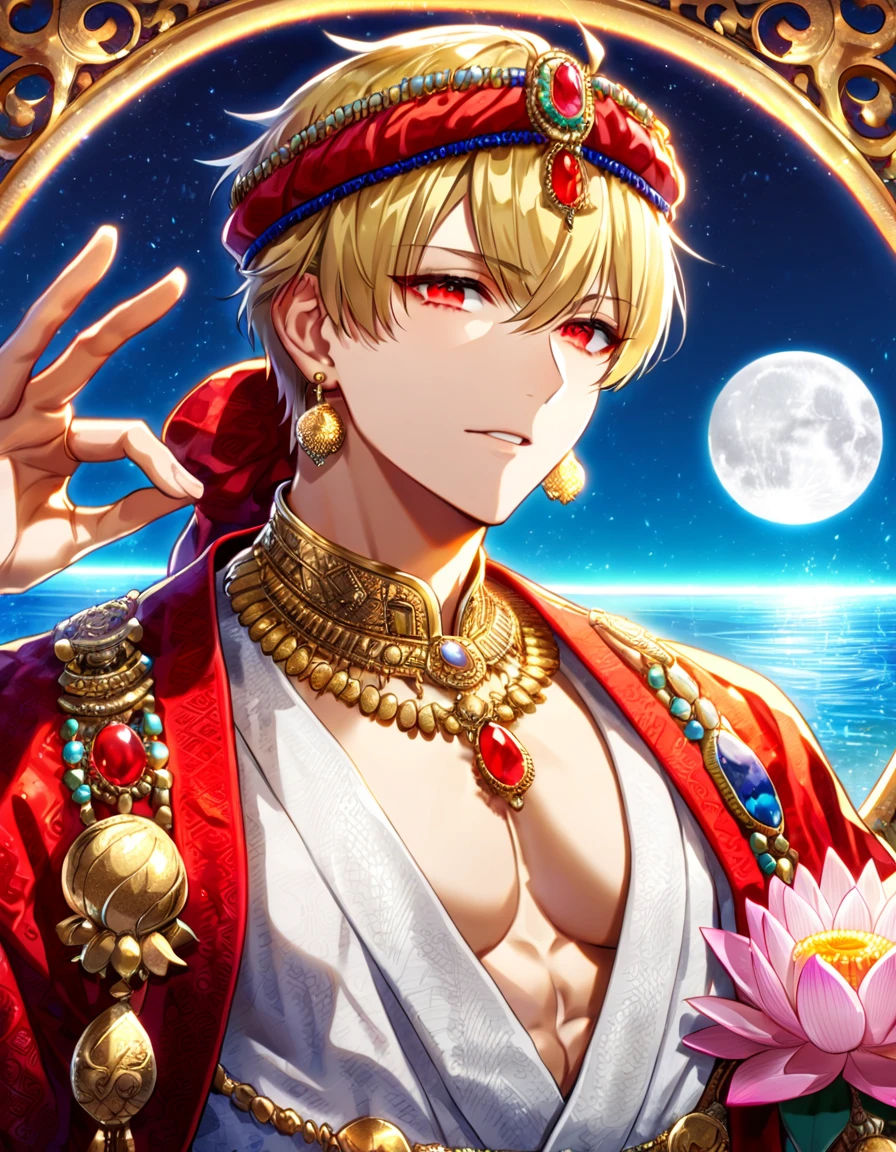 (absurdres, highres, ultra detailed, HDR) master piece, best quality, Gilgamesh, blonde hair, with bangs, expressive red eyes, fate grand order, solo, sexy man, with a white dragon, handsome, toned chest, red haori, white kimono with accessories, jewelry, golden earrings, arabian, patterns, magical fantasy, purple butterflies, glittering, sparkling, purple spider lilies, petals, radiant