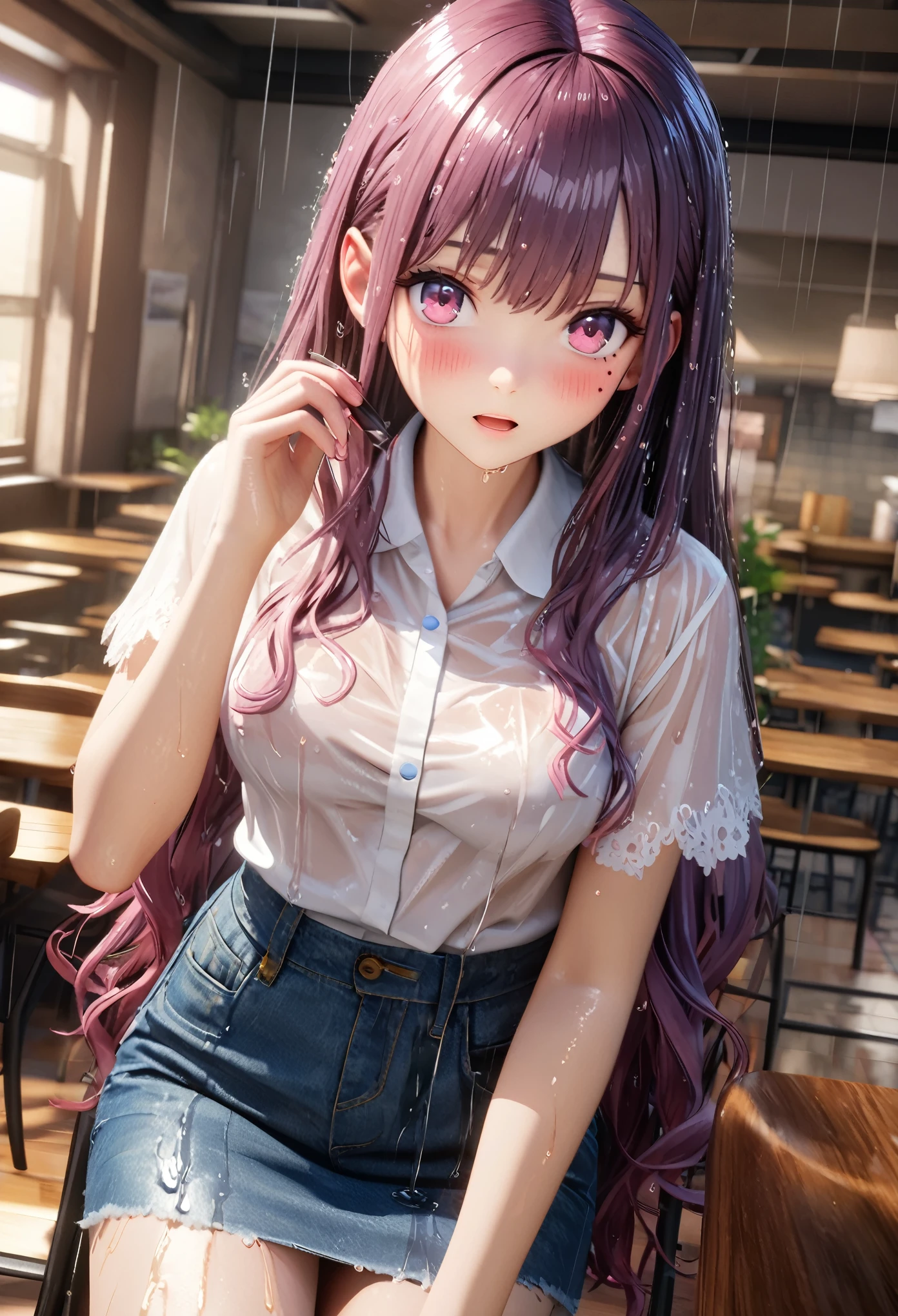 masterpiece, best quality, very detailed, high resolution, expensive resolution, high resolution, 4k, 8k, Unity 8k wallpaper, highly detailed CG, masterpiece, 2d, 3d, beautiful details, depth, fine texture, best quality: 1.3, perfectly focused, crisp skin, him,
Very cute anime girl, (sheer white blouse wet from pouring rain, denim miniskirt) (soaking wet and damp pink medium long hair, rain dripping from hair), big breasts, expensive pink medium long hair, pouring rain, soaking wet hair, soaking wet only , cafeteria meeting, mole under eye, looking at the viewer, expensive, blush, mole, open lips, heart, pink eyes, soaking wet blouse from pouring rain, hair