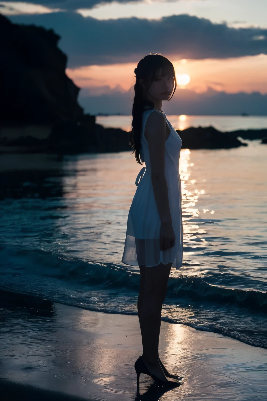 1 girl, (Wear a clean white summer dress:1.2), Very beautiful Japanese idol portraits,
(RAW Photos, highest quality), (Realistic, Realistic:1.4), (masterpiece), 
Very delicate and beautiful, Very detailed, 2k wallpaper, wonderful, finely, Very detailed CG Unity 8K 壁紙, Very detailed, High resolution, Soft Light, 
Silhouette Girl, Cinema Lighting, 
(Fashion magazine photography:1.3), (Sea at dusk), (At night、The beach is illuminated by the last rays of light.), (Wavering on the sea surface), (Crimson Afterglow), (Dark screen), (The contrast between the deep indigo sky and the deep red afterglow),
(Semi-long hair), (Full body silhouette of a girl:1.5),
Complete Anatomy, Slender body, Small breasts