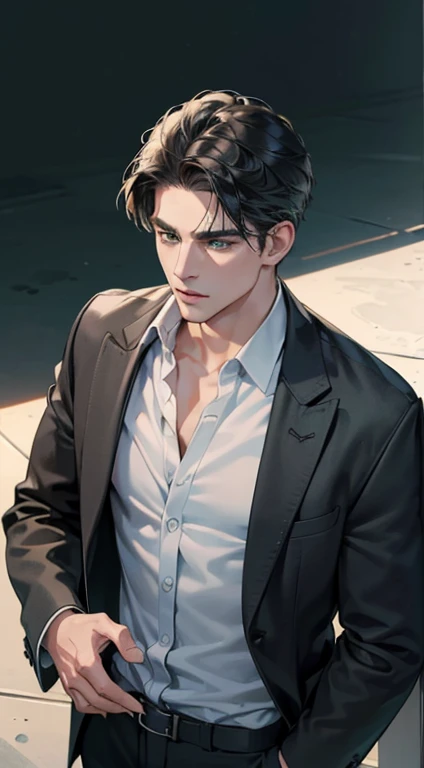 (best quality, masterpiece, 8K, photorealistic, cinematic lighting, 1:4 hdr image, top view, ultra detailed, beautiful image), a mature man, very handsome, short black hair, green eyes, perfect face without errors , ((buttoning his jacket, CEO))