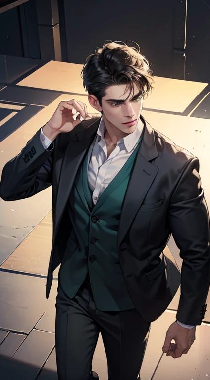 (best quality, masterpiece, 8K, photorealistic, cinematic lighting, 1:4 hdr image, top view, ultra detailed, beautiful image), a mature man, very handsome, short black hair, green eyes, perfect face without errors , ((buttoning his jacket, CEO))