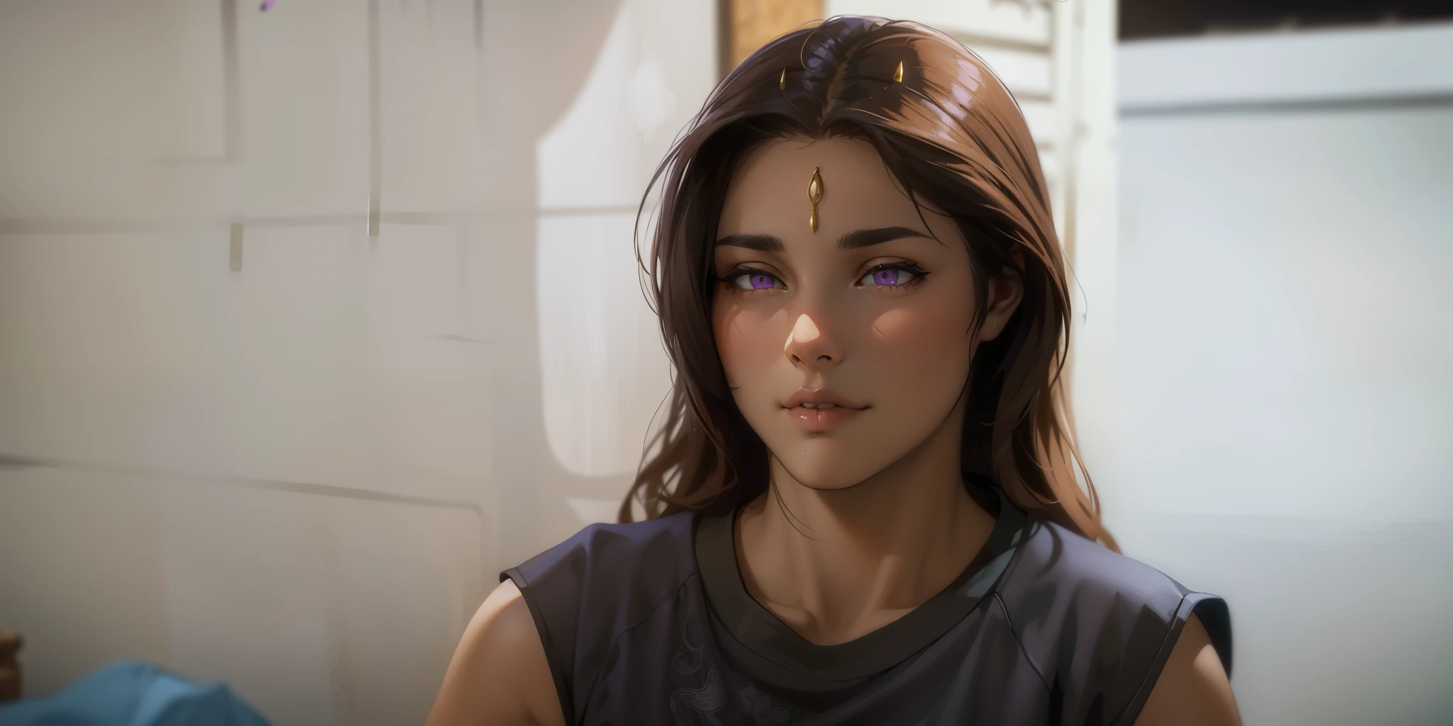 cute girl with purple eyes and hair has ancient arabic clothes she is smart cunning