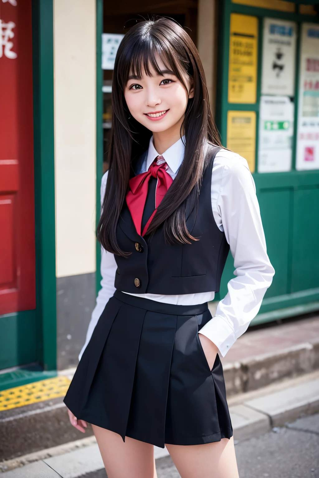 An empty town、Japanese  in uniform、Long black hair、mini skirt、A cute idol-like face、Full body portrait、smile