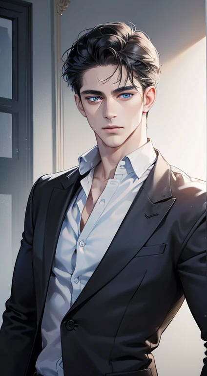 (best quality, masterpiece, 8K, photorealistic, cinematic lighting, 1:4 hdr image, ultra detailed, beautiful image), a mature man, 34 years very handsome, ((cold expression)), short black hair, blue eyes, face perfect without mistakes, ((buttoning his jacket, CEO))