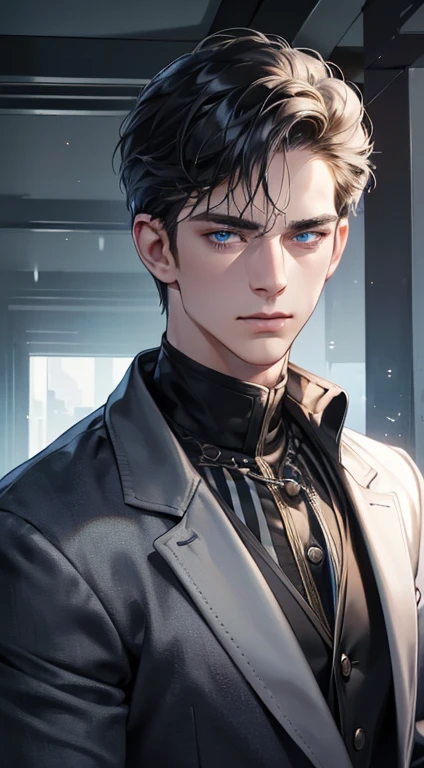 (best quality, masterpiece, 8K, photorealistic, cinematic lighting, 1:4 hdr image, ultra detailed, beautiful image), a mature man, 34 years very handsome, ((cold expression)), short black hair, blue eyes, face perfect without mistakes, ((buttoning his jacket, CEO))