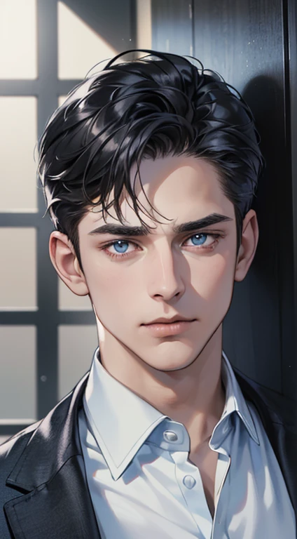 (best quality, masterpiece, 8K, photorealistic, cinematic lighting, 1:4 hdr image, ultra detailed, beautiful image), a mature man, 34 years very handsome, ((cold expression)), short black hair, blue eyes, face perfect without mistakes, ((buttoning his jacket, CEO))